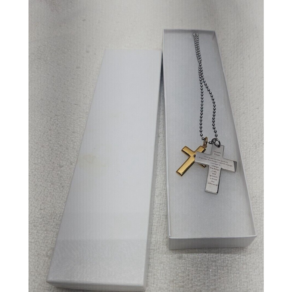 Stainless Steel Double Cross Serenity Prayer Necklace - Picture 5 of 8
